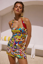 Halter Neck Printed Cotton Mini Dress
