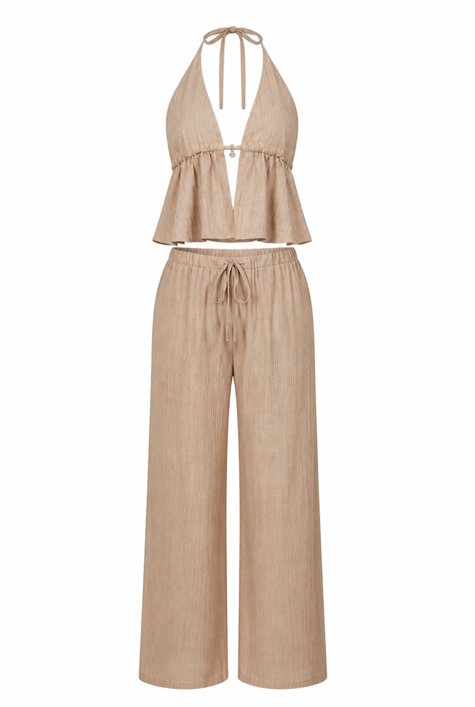 Halter Top and Wide Leg Pants Two Piece Co-ord Set
