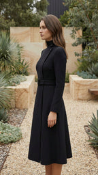 High Neck Long Sleeve Belted A-Line Formal Dress