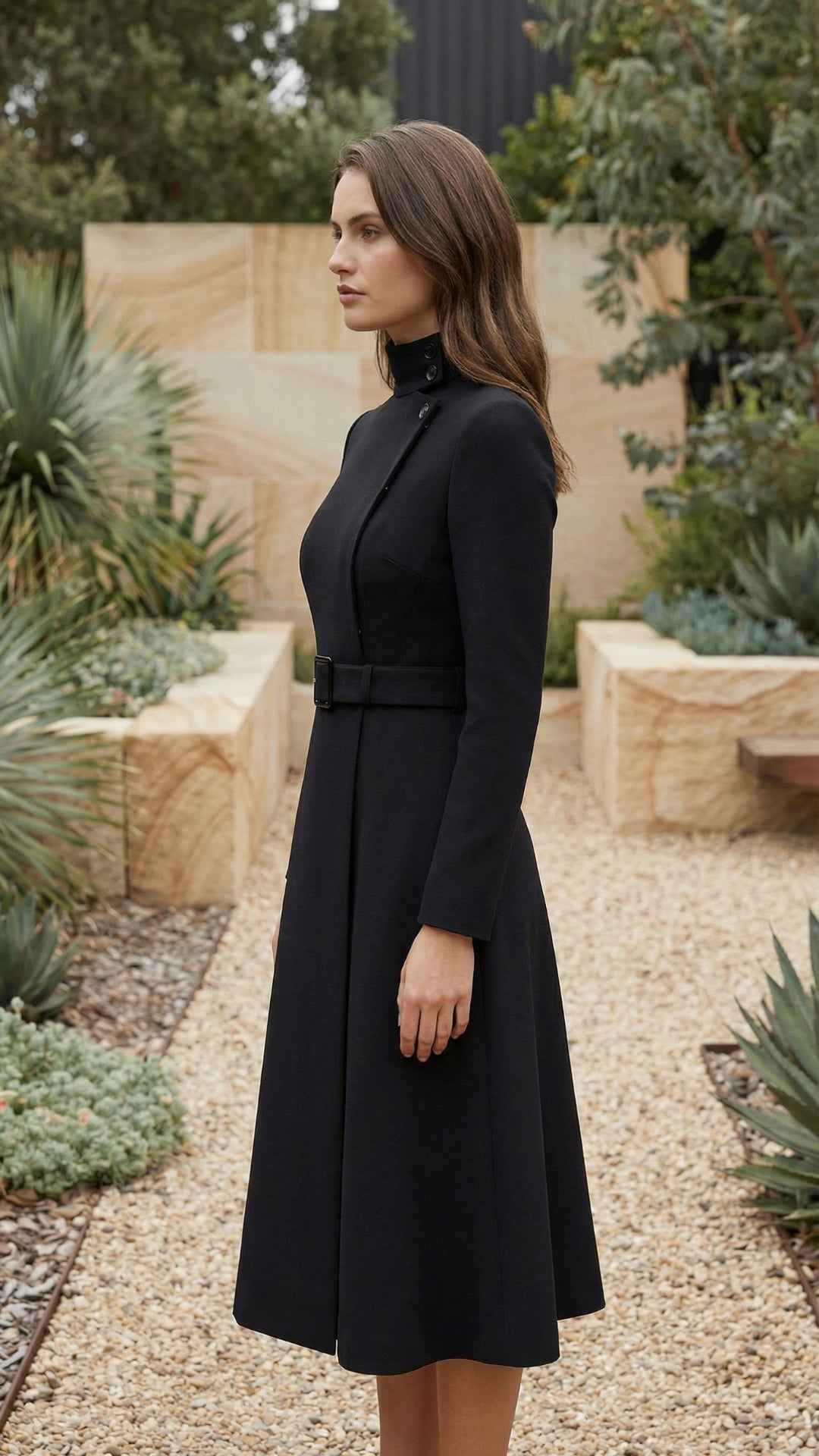 High Neck Long Sleeve Belted A-Line Formal Dress