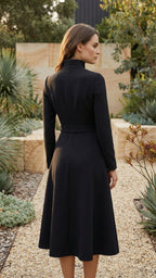 High Neck Long Sleeve Belted A-Line Formal Dress