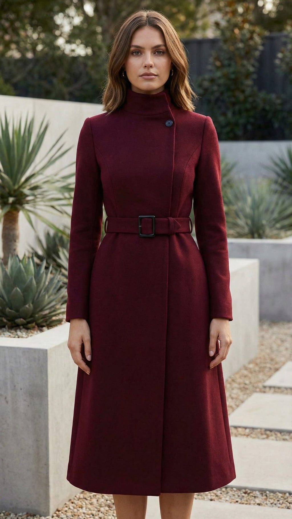 High Neck Long Sleeve Belted A-Line Formal Dress