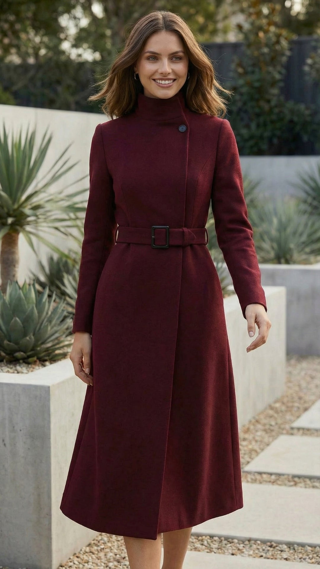 High Neck Long Sleeve Belted A-Line Formal Dress