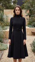 High Neck Long Sleeve Belted A-Line Formal Dress