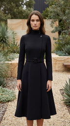 High Neck Long Sleeve Belted A-Line Formal Dress