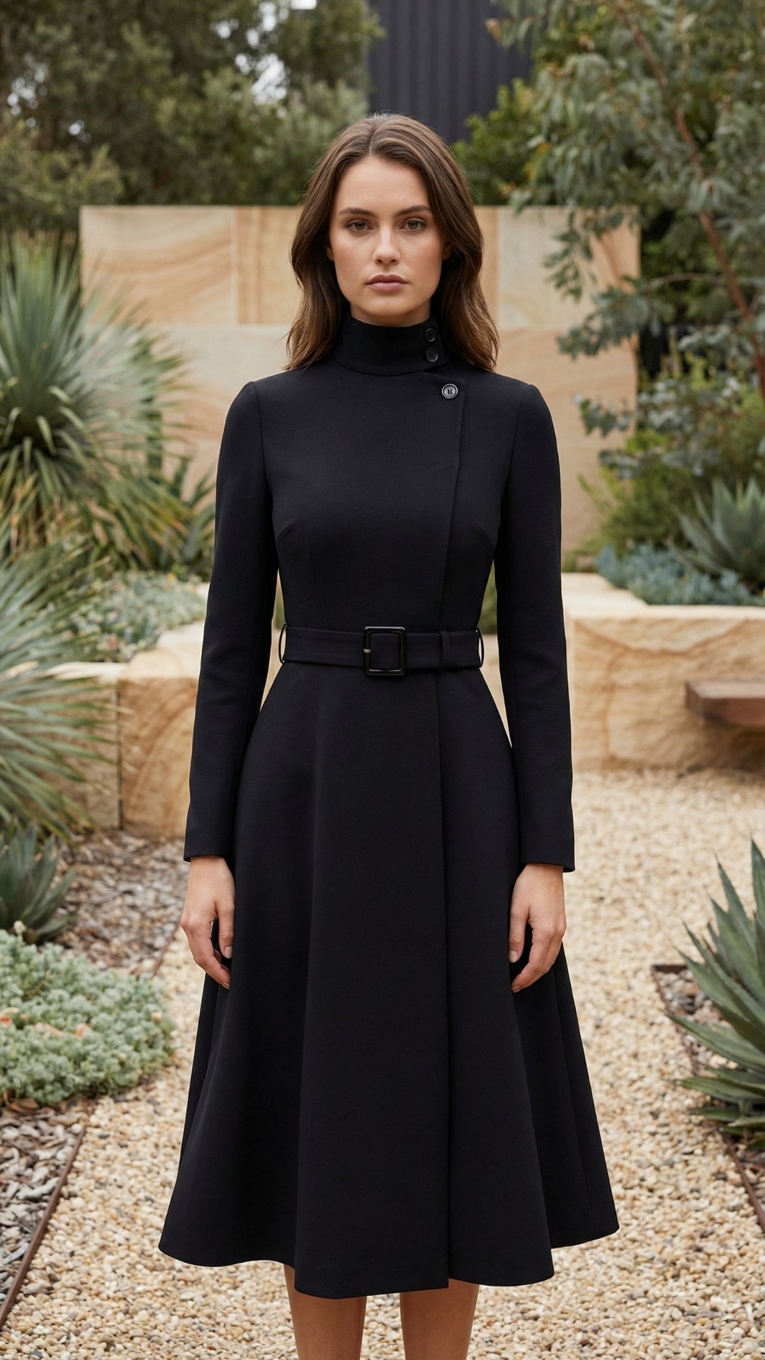 High Neck Long Sleeve Belted A-Line Formal Dress