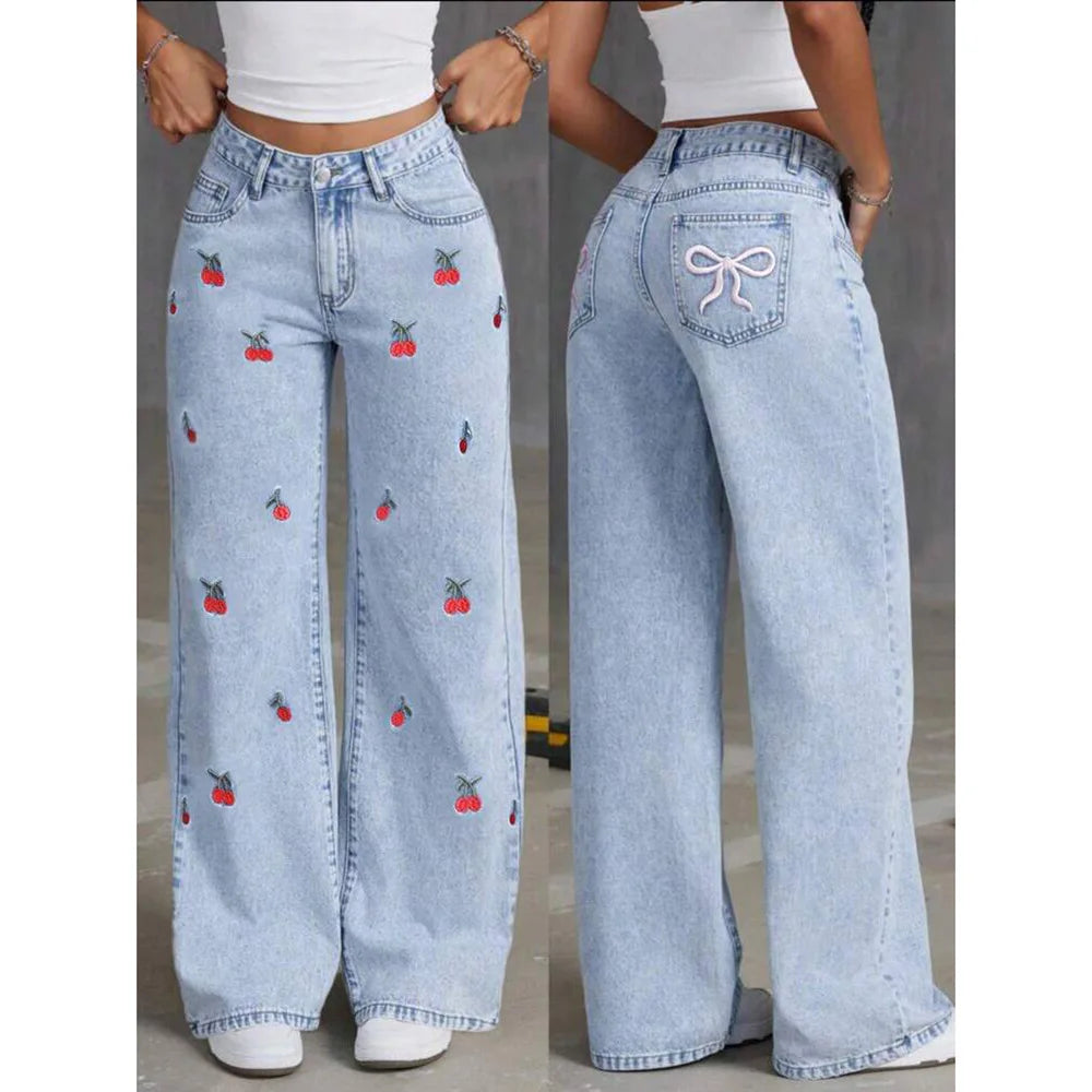 High-Waist Embroidered Wide-Leg Jeans
