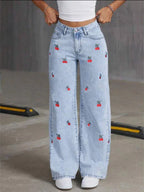 High-Waist Embroidered Wide-Leg Jeans