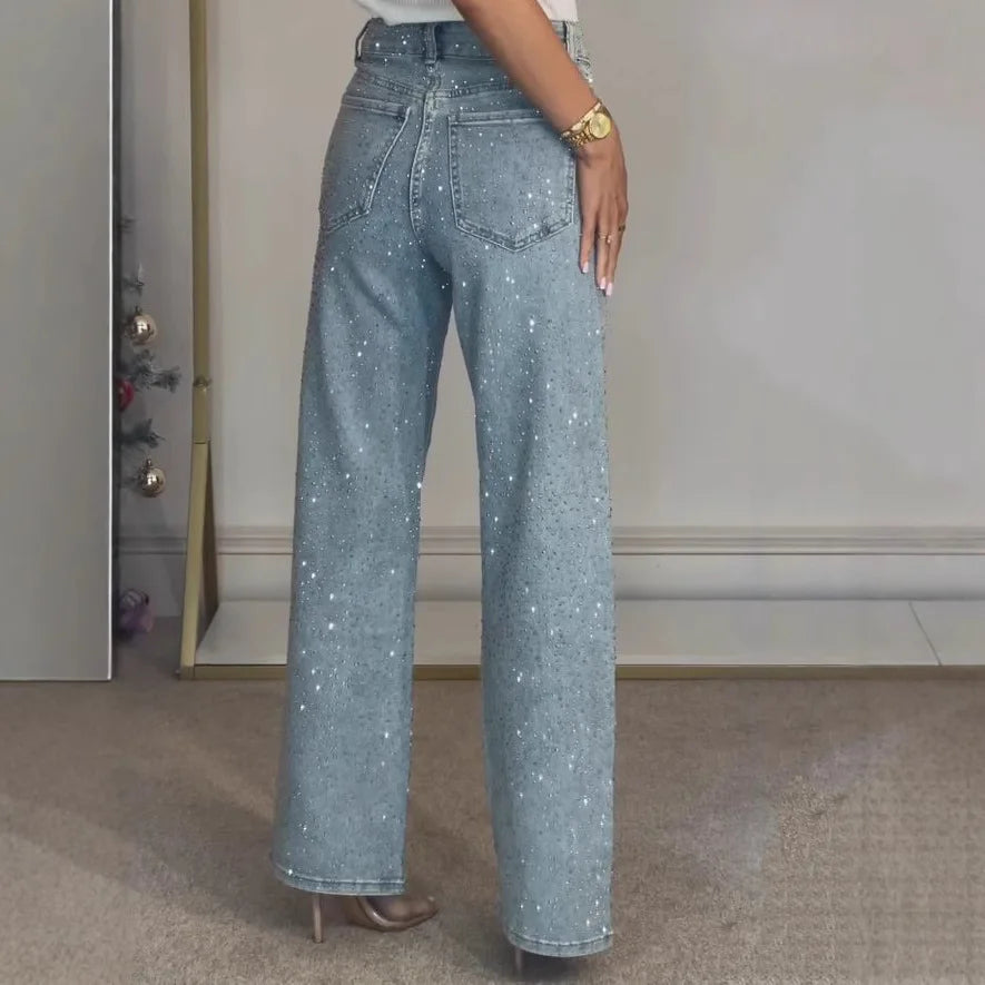 High-Waist Rhinestone Denim Jeans