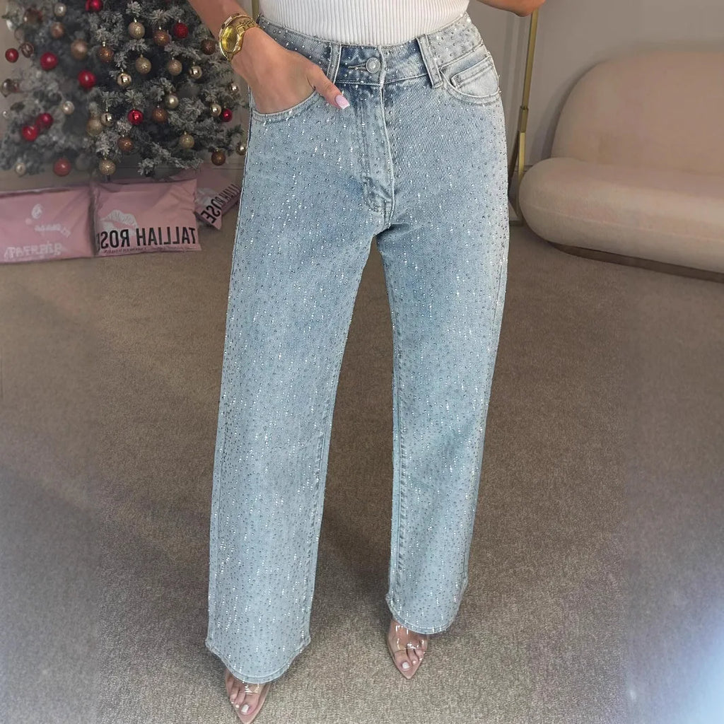 High-Waist Rhinestone Denim Jeans