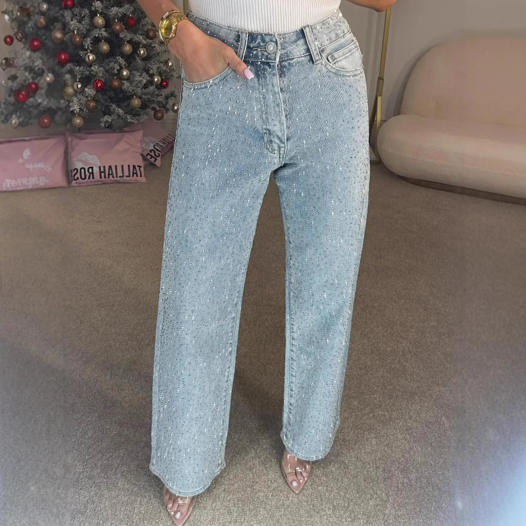 High-Waist Rhinestone Denim Jeans