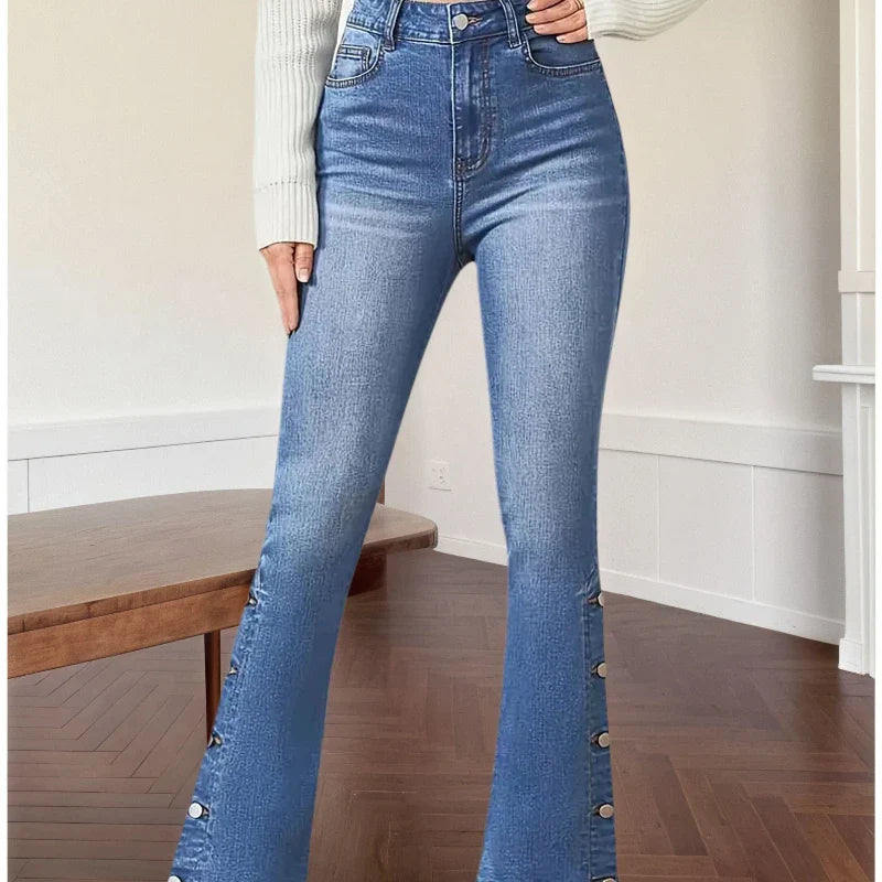 High-Waist Slim Flare Jeans with Side Button Detail