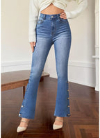 High-Waist Slim Flare Jeans with Side Button Detail