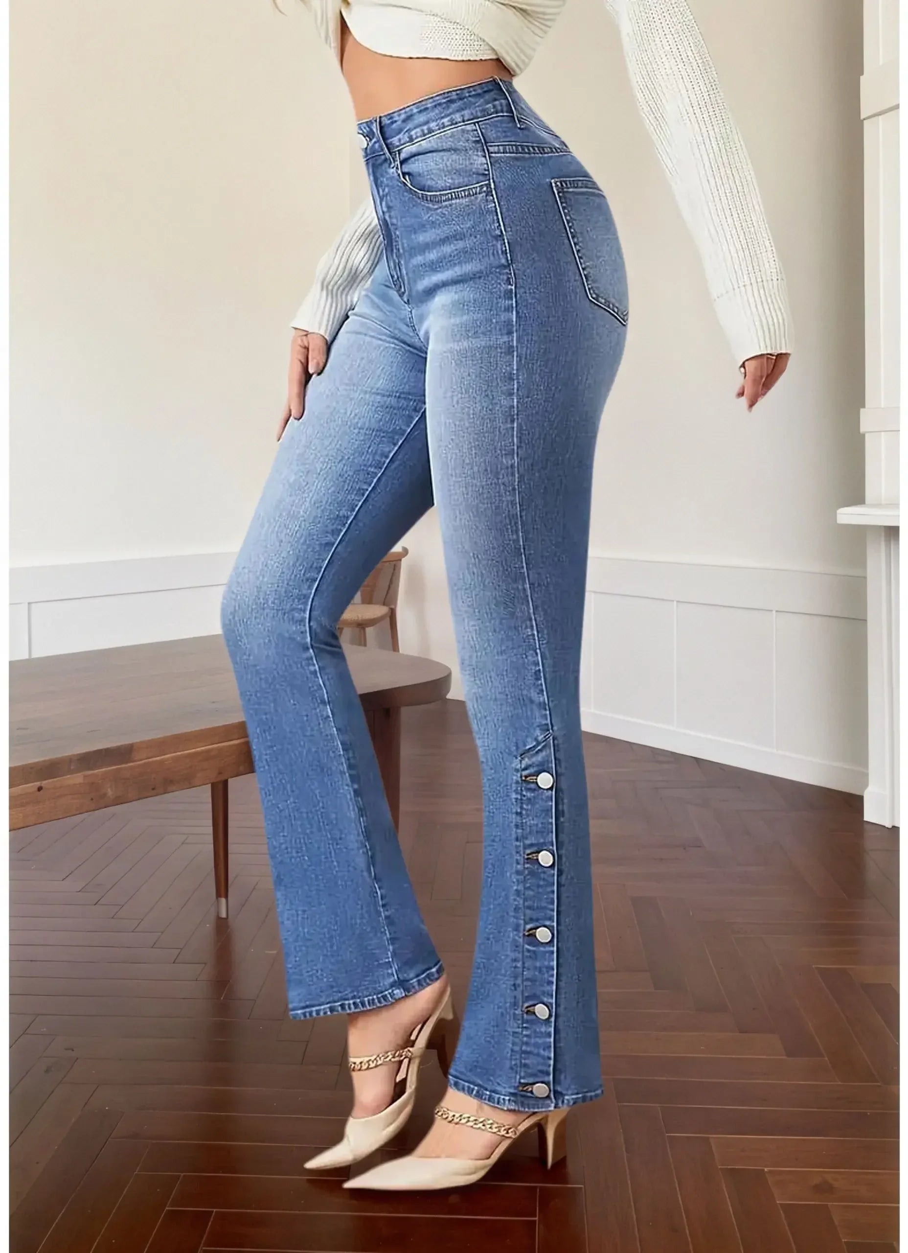 High-Waist Slim Flare Jeans with Side Button Detail