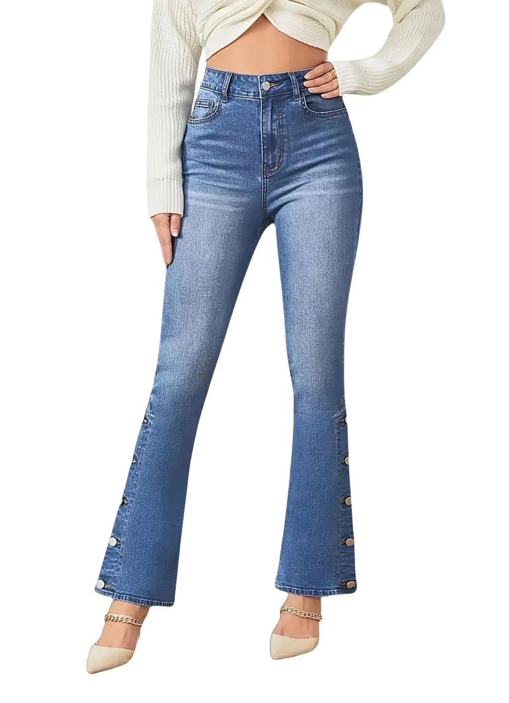 High-Waist Slim Flare Jeans with Side Button Detail