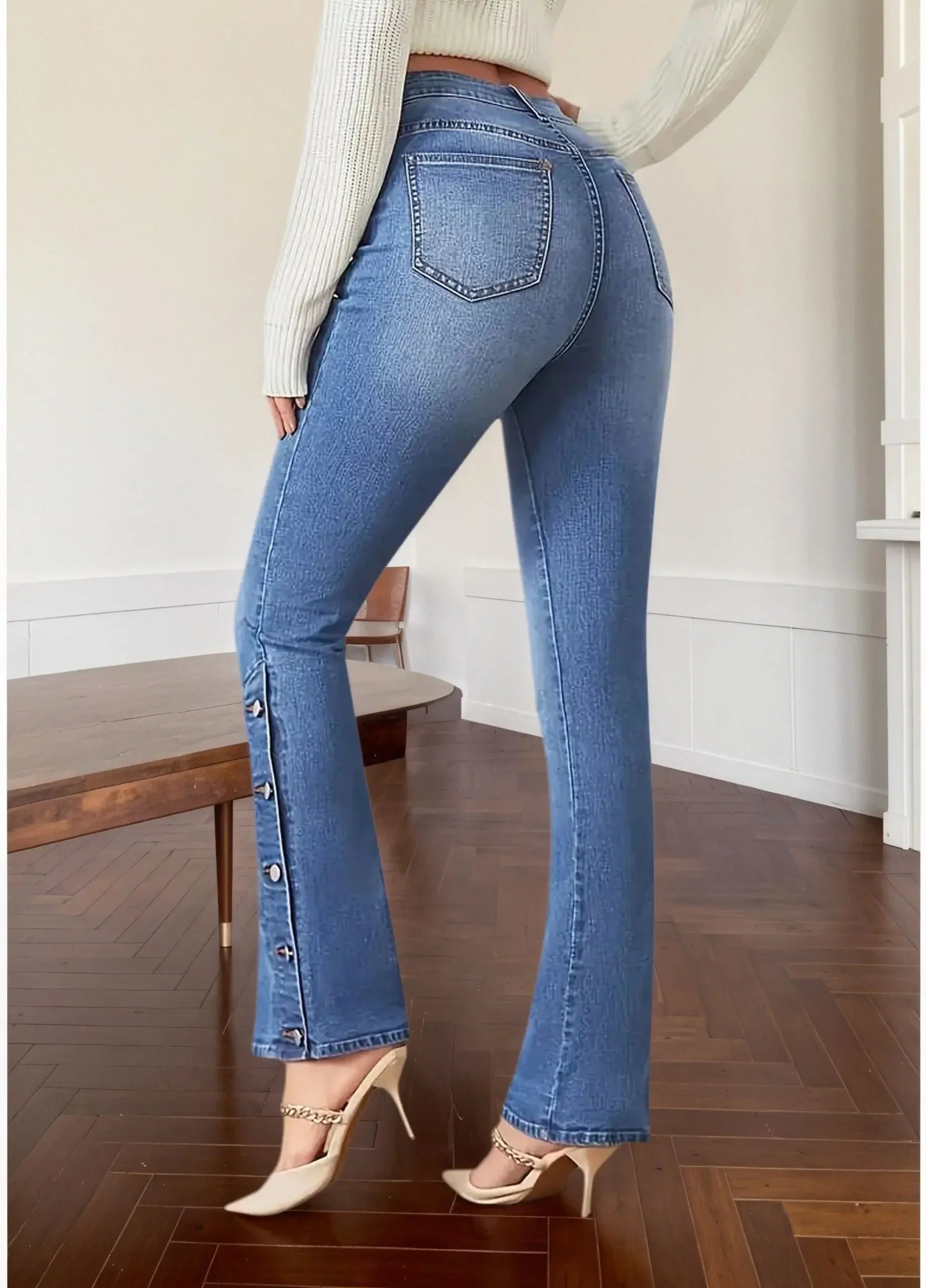 High-Waist Slim Flare Jeans with Side Button Detail