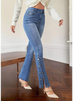 High-Waist Slim Flare Jeans with Side Button Detail