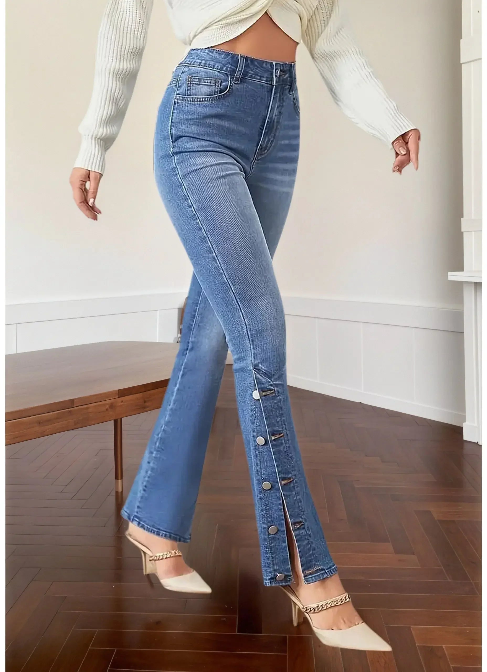 High-Waist Slim Flare Jeans with Side Button Detail
