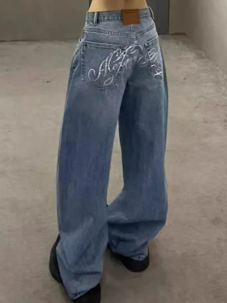 High-Waist Wide-Leg Jeans with Embroidered Back Detail