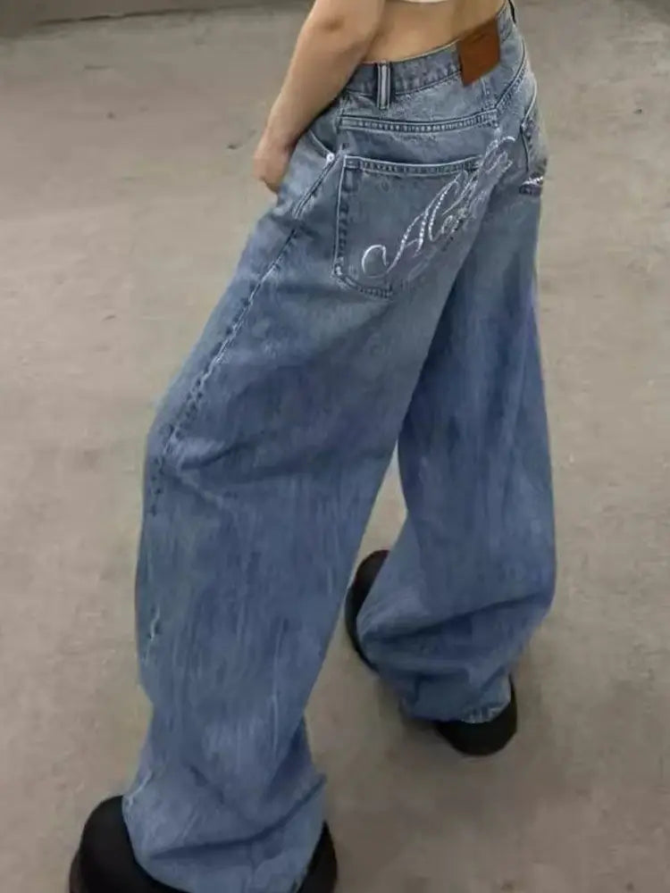 High-Waist Wide-Leg Jeans with Embroidered Back Detail