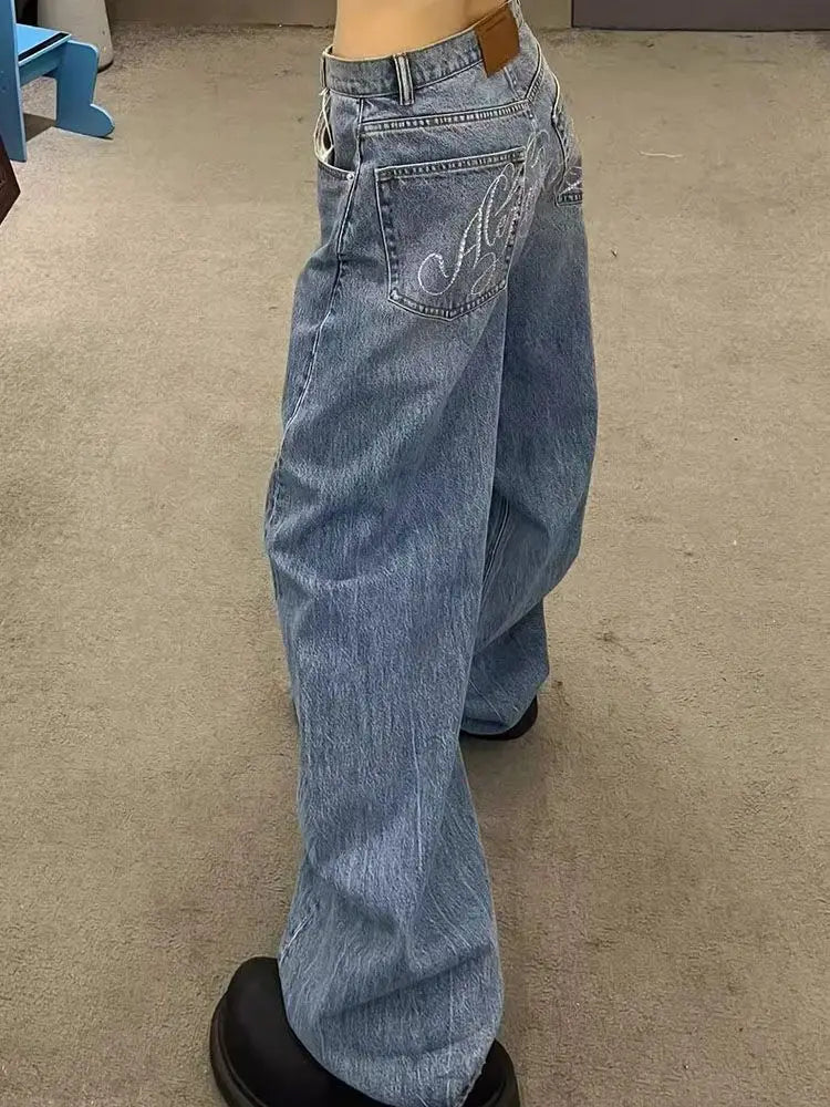 High-Waist Wide-Leg Jeans with Embroidered Back Detail