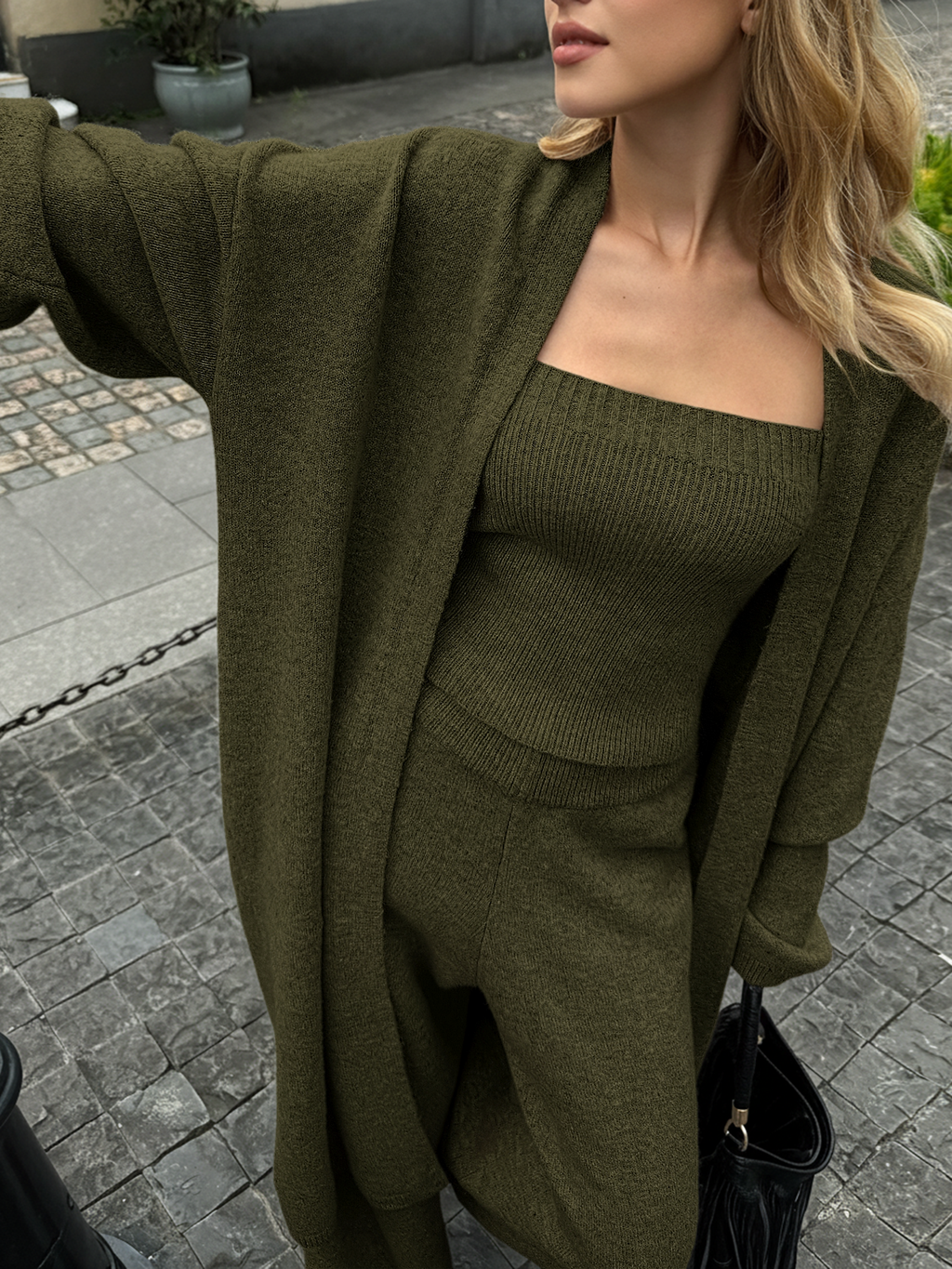 Knit Bustier Cardigan and Pants Three Piece Set