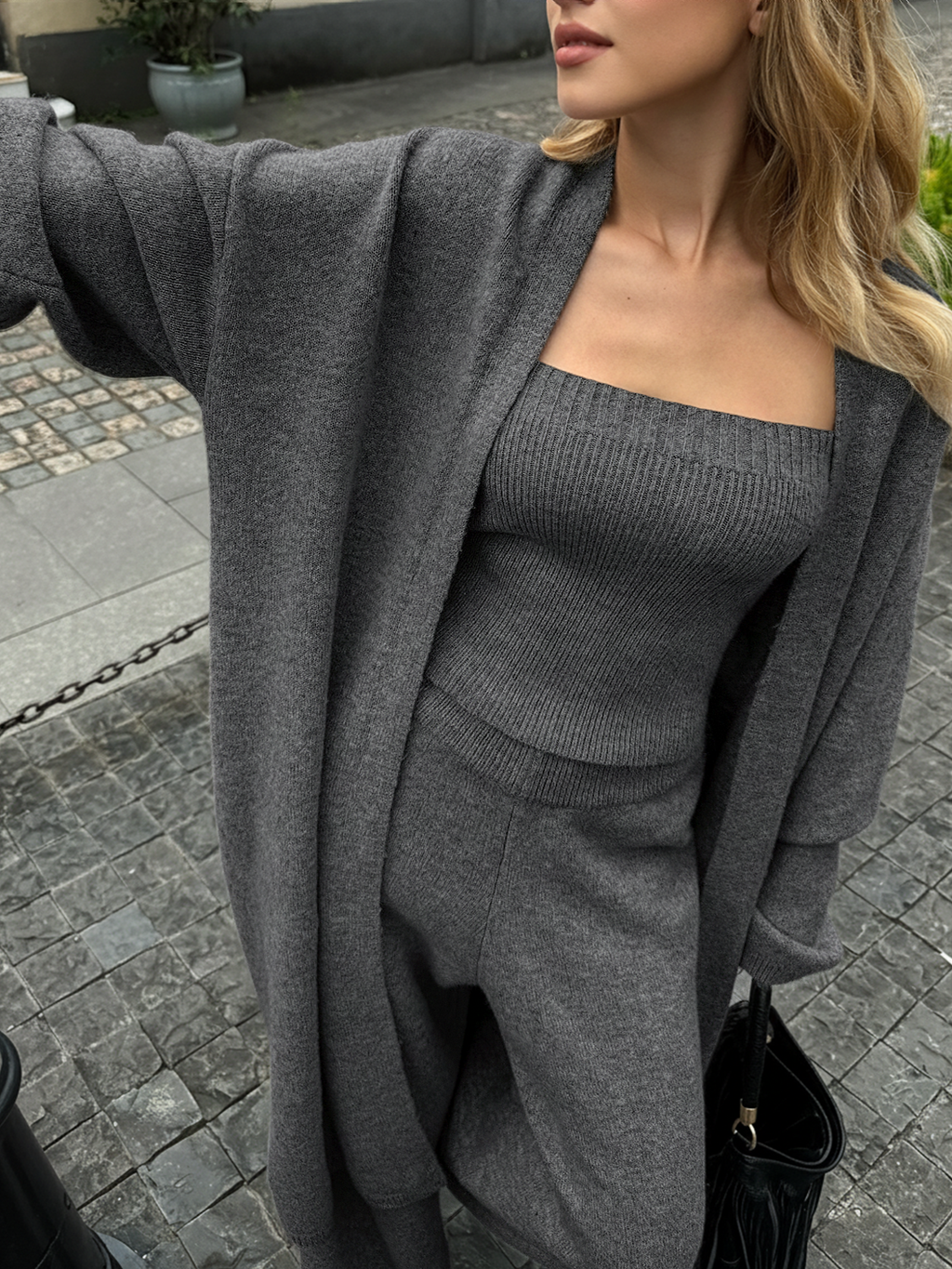 Knit Bustier Cardigan and Pants Three Piece Set