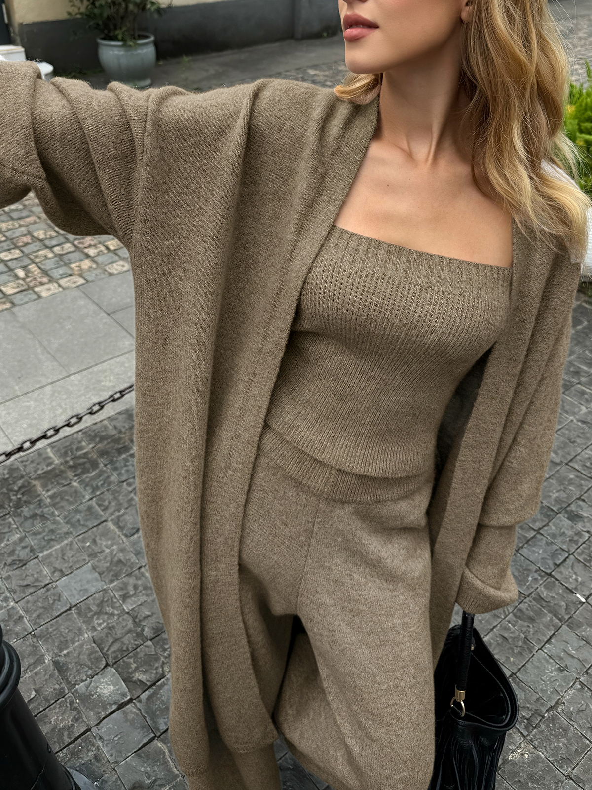 Knit Bustier Cardigan and Pants Three Piece Set