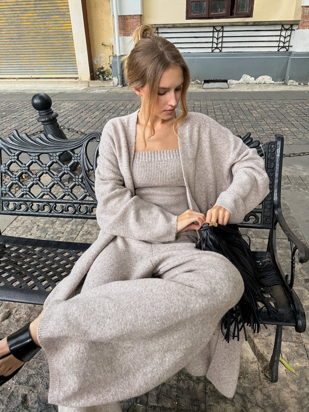 Knit Bustier Cardigan and Pants Three Piece Set