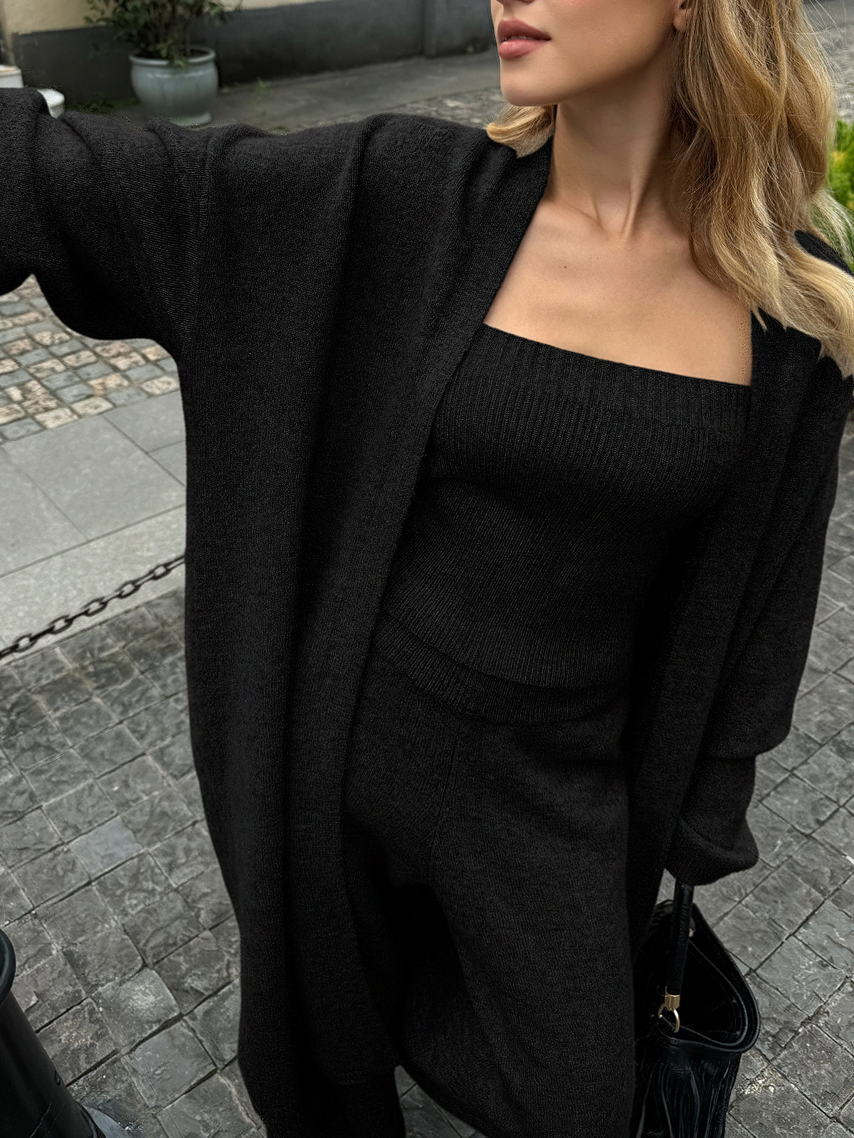 Knit Bustier Cardigan and Pants Three Piece Set
