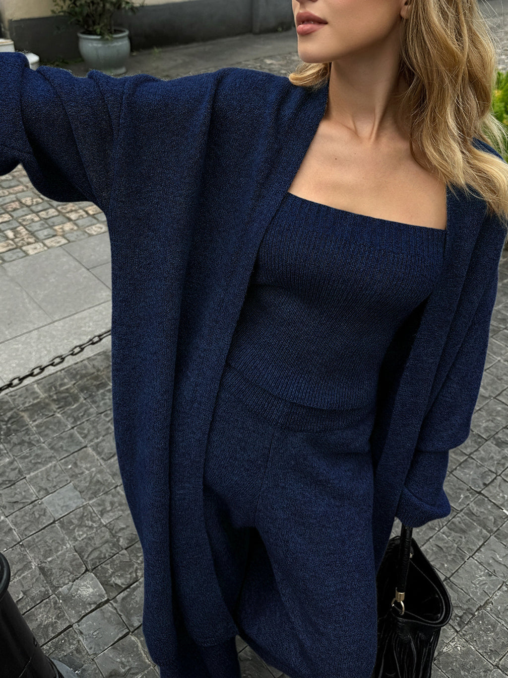 Knit Bustier Cardigan and Pants Three Piece Set