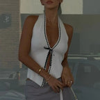 Knit Deep V-Neck Backless Halter Crop Top