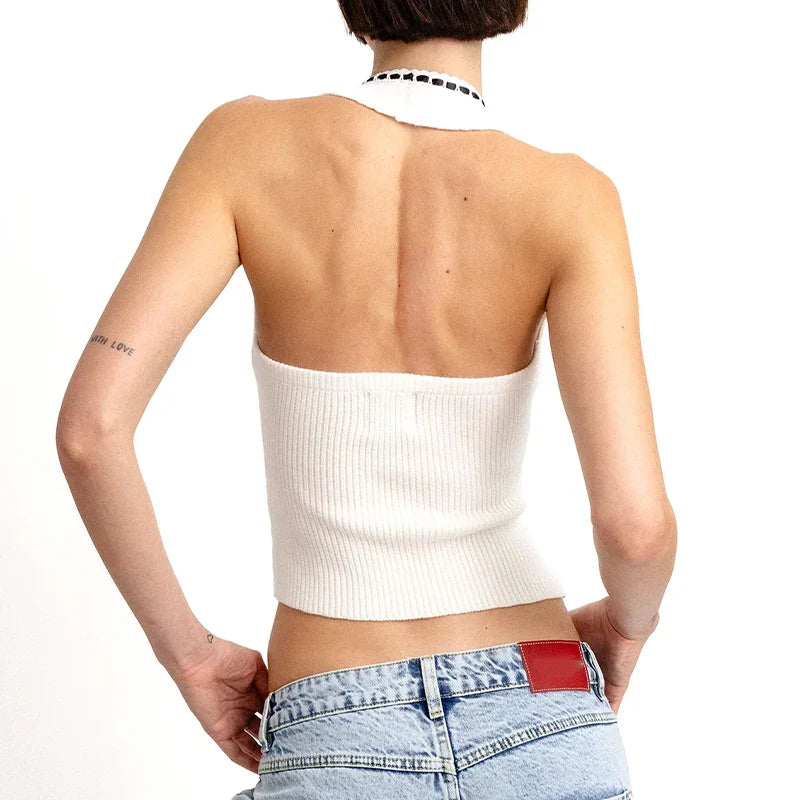 Knit Deep V-Neck Backless Halter Crop Top