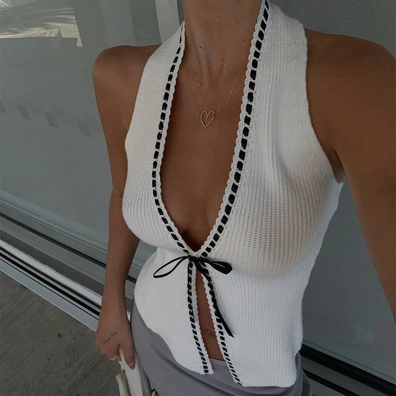 Knit Deep V-Neck Backless Halter Crop Top