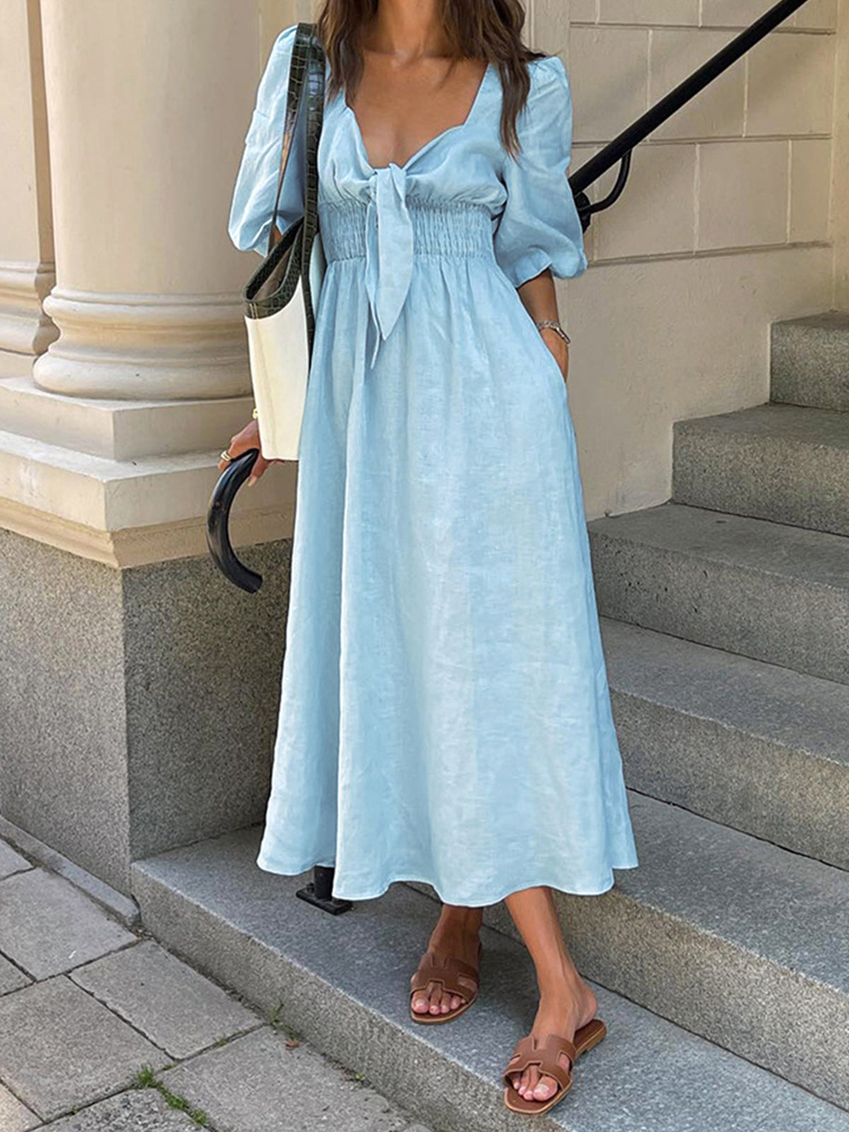 Linen Blend V-Neck Midi Dress with Front Tie