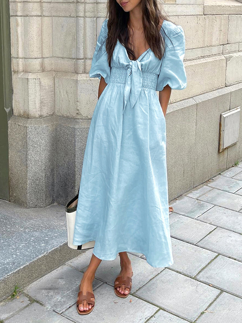 Linen Blend V-Neck Midi Dress with Front Tie