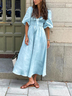 Linen Blend V-Neck Midi Dress with Front Tie