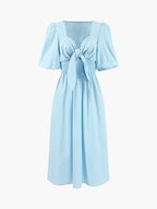 Linen Blend V-Neck Midi Dress with Front Tie
