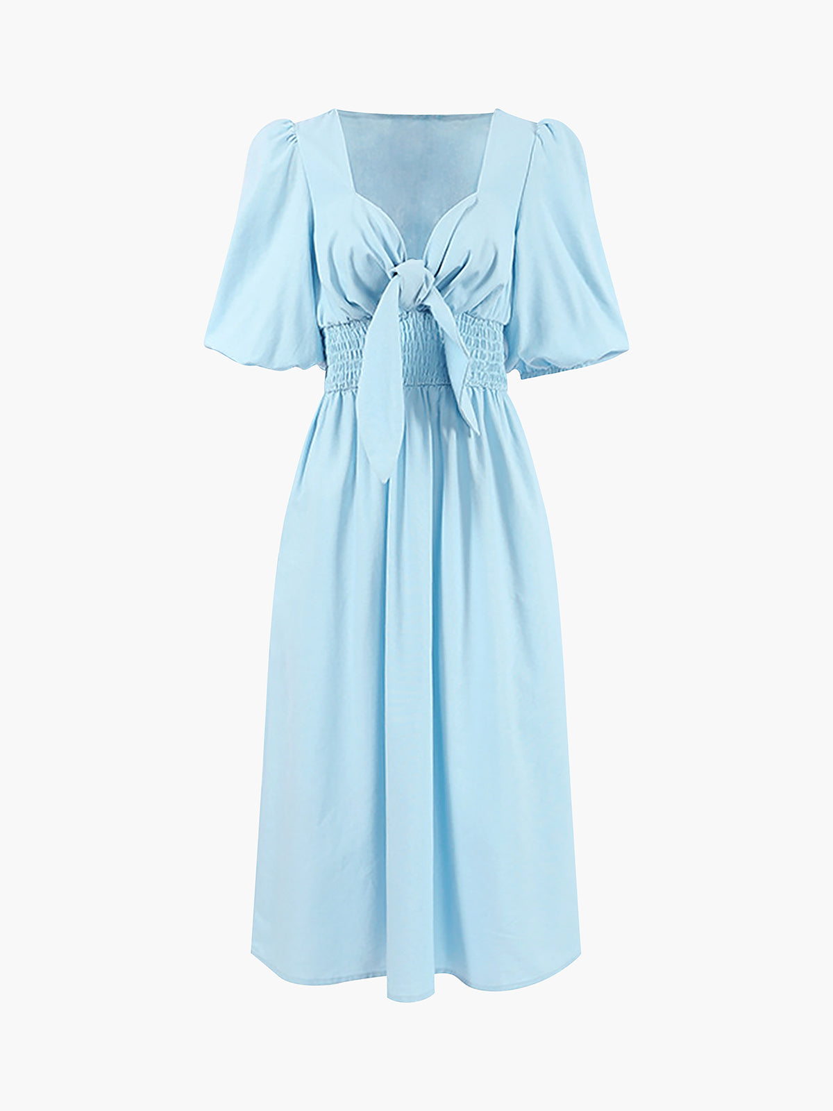 Linen Blend V-Neck Midi Dress with Front Tie