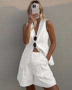 Linen V-Neck Tank Top and Shorts Co-ord Set