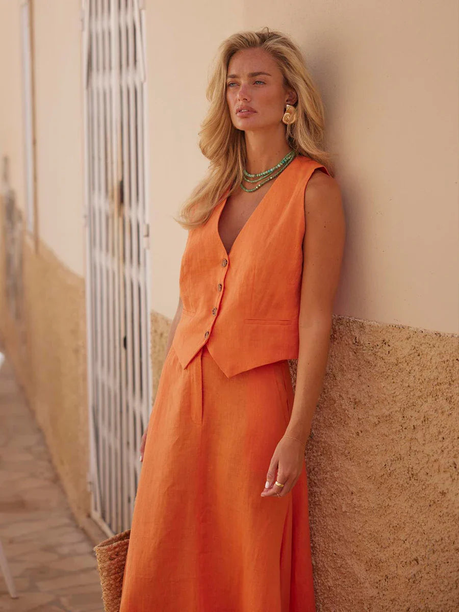 Linen V-Neck Top and Maxi Skirt Co-ord Set