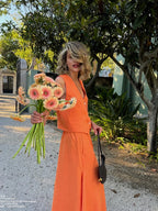 Linen V-Neck Top and Maxi Skirt Co-ord Set