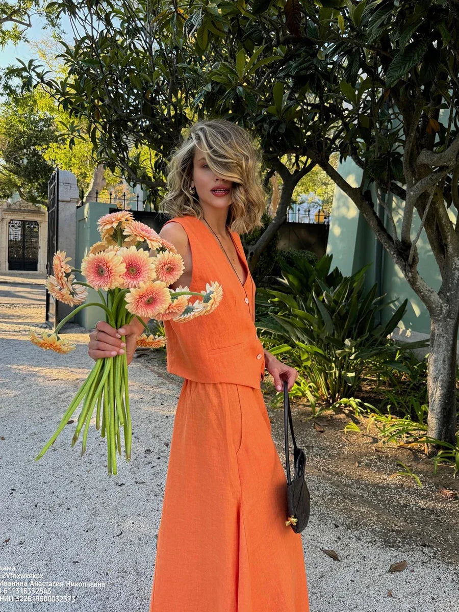 Linen V-Neck Top and Maxi Skirt Co-ord Set