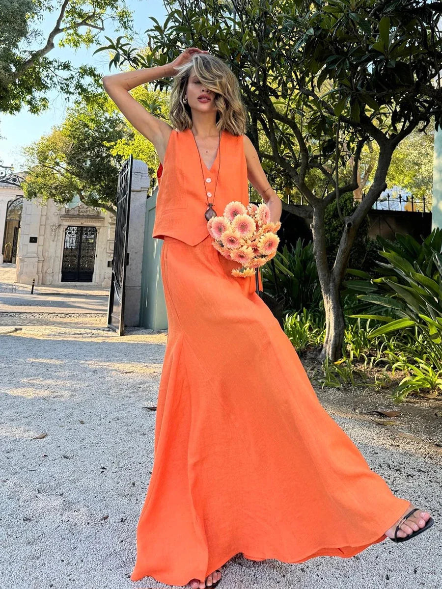 Linen V-Neck Top and Maxi Skirt Co-ord Set