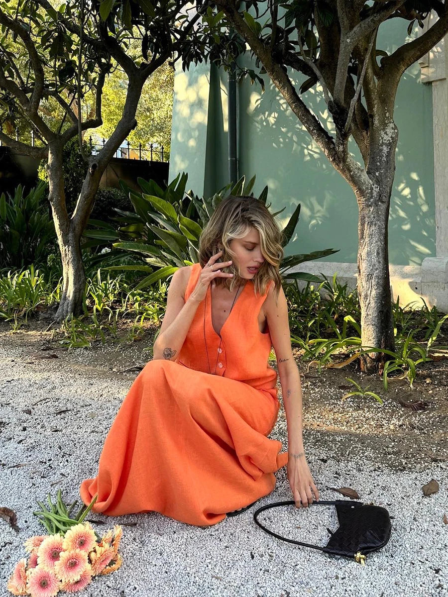 Linen V-Neck Top and Maxi Skirt Co-ord Set