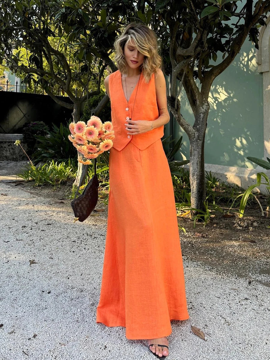 Linen V-Neck Top and Maxi Skirt Co-ord Set