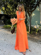 Linen V-Neck Top and Maxi Skirt Co-ord Set