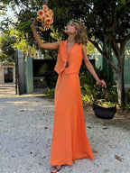 Linen V-Neck Top and Maxi Skirt Co-ord Set