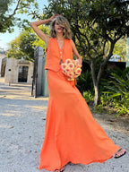 Linen V-Neck Top and Maxi Skirt Co-ord Set