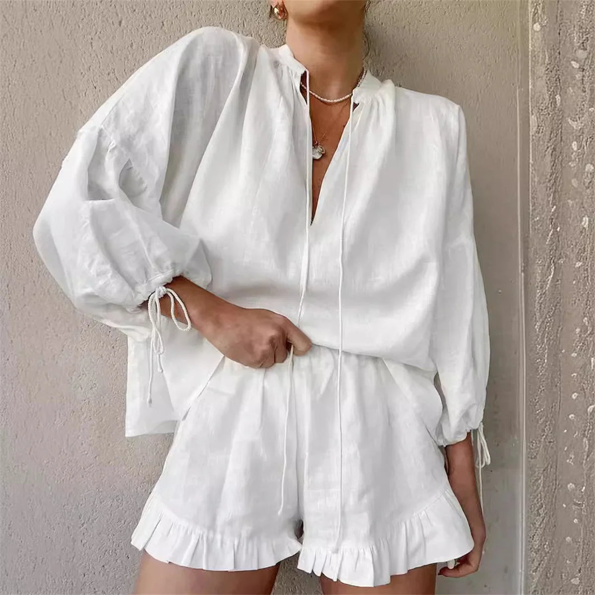 Loose Shirt and Ruffle Shorts Co-ord Set